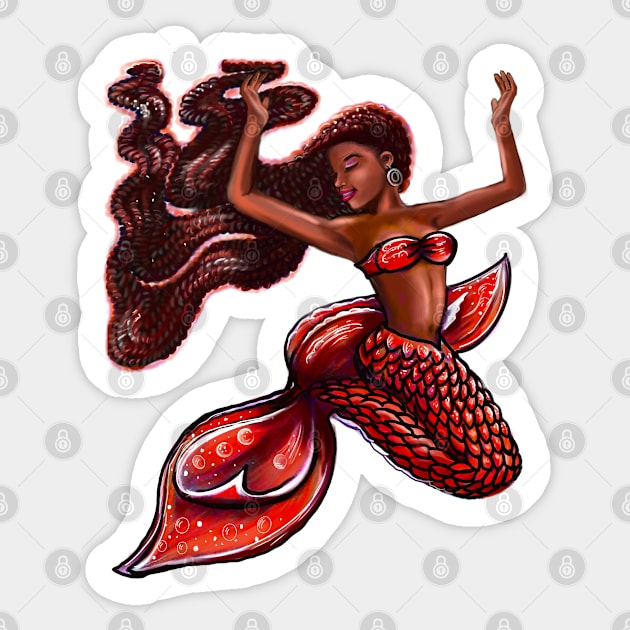 Mermaid with red fins, red locs Afro hair and brown skin. African American Mermaids Sticker by Artonmytee